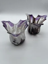 Pair of Art Glass Vases Free Form Splatter Purple/White Gold Aventurine Swirl
