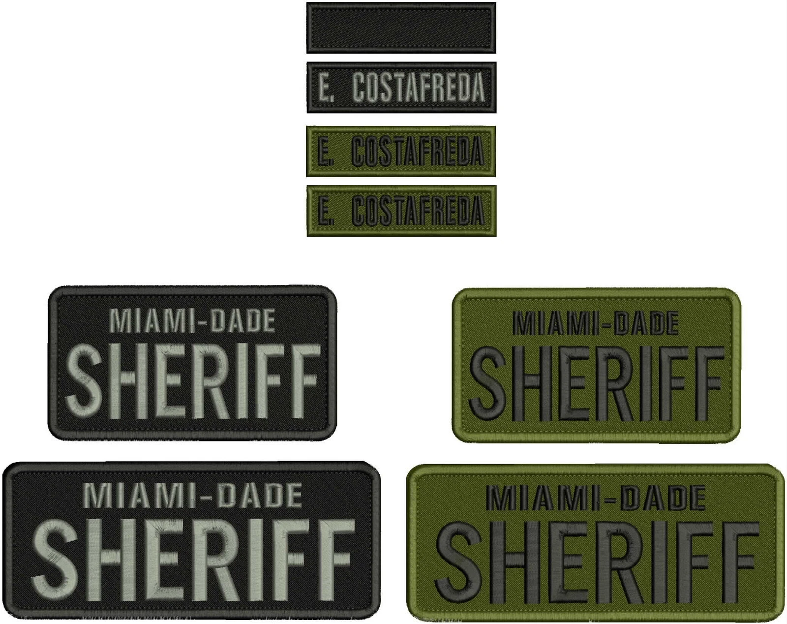 E, COSTAFREDA embroidery patches 3x8 and 3x6 1X4'' HOOK on back blk/gray
