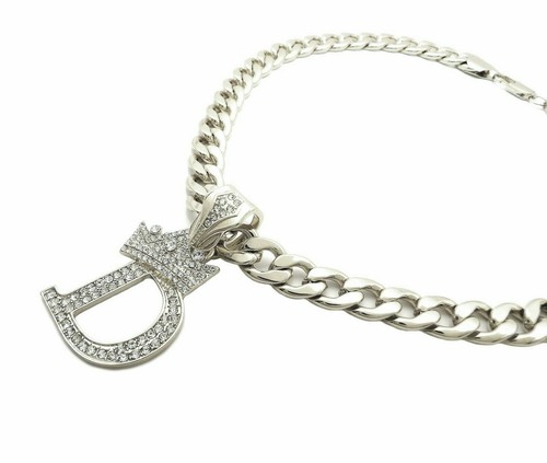 Hip Hop Iced Initial Letter D Pendant & 11mm 20" Cuban Choker Chain Necklace - Picture 4 of 13
