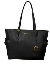 MICHAEL KORS GILLY LARGE DRAWSTRING ZIP TOTE PURSE LAPTOP MK BLACK LEATHER GOLD