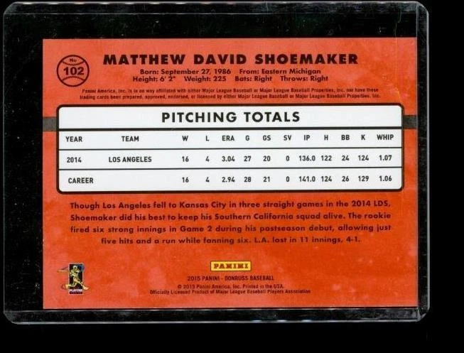 2015 DONRUSS PANINI Holo Baseball Card #102 MATT SHOEMAKER Dodgers LE 179/294 - Image 2 of 2