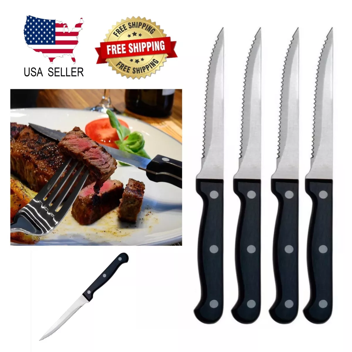 4 Steak Knife Set Serrated Edge 7.5 Stainless Steel Knives Cutlery Utensil