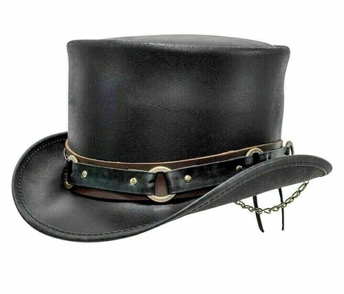 Men's Top Hat Black 100% Genuine Leather Victorian Hat / Steampunk Top Hat - Picture 1 of 2