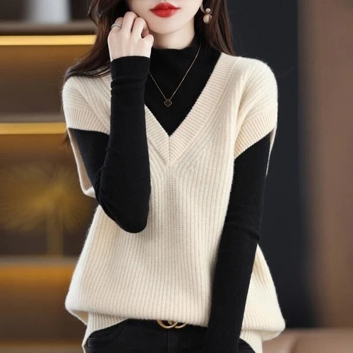 Stylish V-Neck Knitted Vest Sweater Women's Clothing Loose Casual Pullover Tops - Picture 5 of 10