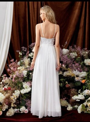 SHEIN Belle Leaf Embroidery Mesh Insert Split Thigh Chiffon Wedding Dress Large | eBay SHEIN Belle Leaf Embroidery Mesh Insert Split Thigh Chiffon Wedding Dress Large | eBay