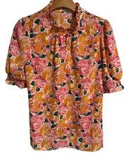 Pleione Blouse Small Half Sleeve Floral Sheer Multicolor Quarter Button Top NEW