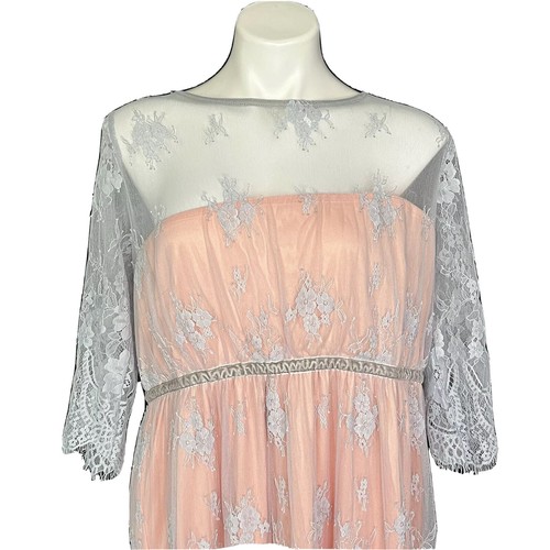 ASOS Lace Maternity Dress Multi Layer Blue Sheer Sleeve Pink Empire Waist 14 New - Picture 9 of 13