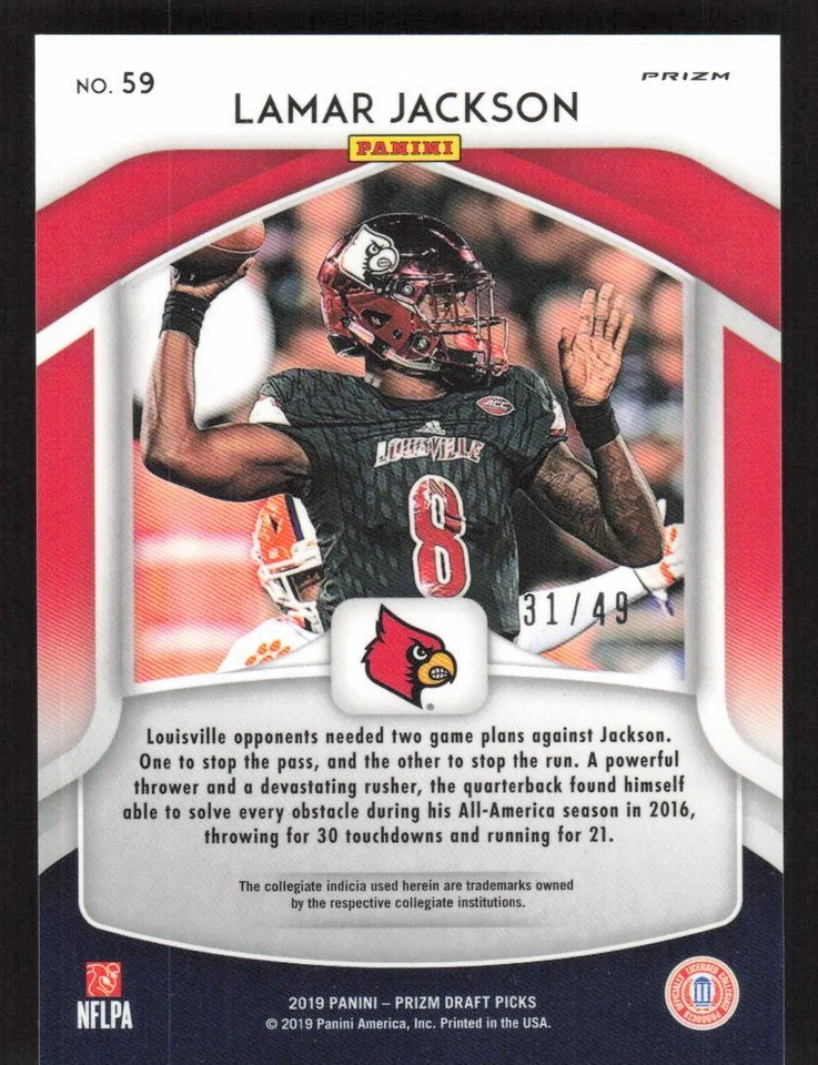 2019 PANINI PRIZM DRAFT PICKS LAMAR JACKSON 59 PRIZMS MOJO 31/49 LOUISVILLE - Image 2 of 2
