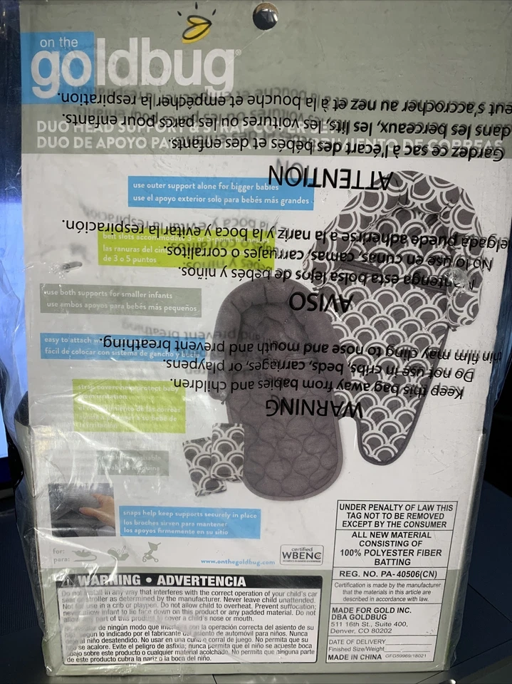  GOLDBUG GRAY & WHITE DUO HEAD SUPPORT & STRAP COVER SET CAR SEAT/STROLLER - Image 2 of 4