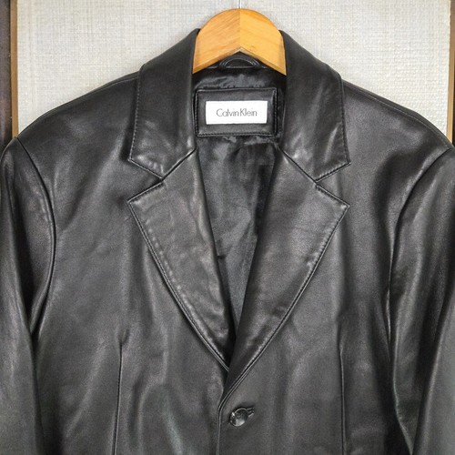 CALVIN KLEIN Mens Soft Leather Blazer Jacket Size Large Black Lined Coat Thick - Picture 3 of 14