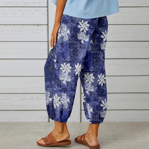 Womens Floral Summer Cotton Linen Baggy Casual Harem Pants Holiday Trousers US - Picture 10 of 17