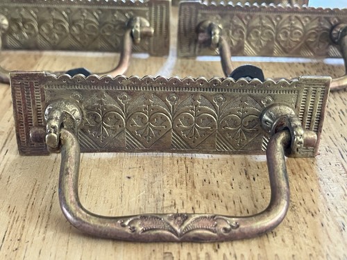 (7) Ornate Stamped BRASS Heart Flower Victorian Eastlake Antique Drawer Pulls - Picture 2 of 10