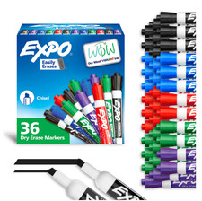 New EXPO Low-Odor Dry-Erase Markers, Chisel Point, Assorted Colors, Pack of 36