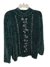 Alfred Dunner Womens Vintage Green Chenille Floral Embroidered Sweater XL
