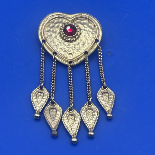 Vintage Herz Brosche roter Glasstein Hänger Ketten goldfarben 3" Boho Mittelalter - Bild 1 von 9