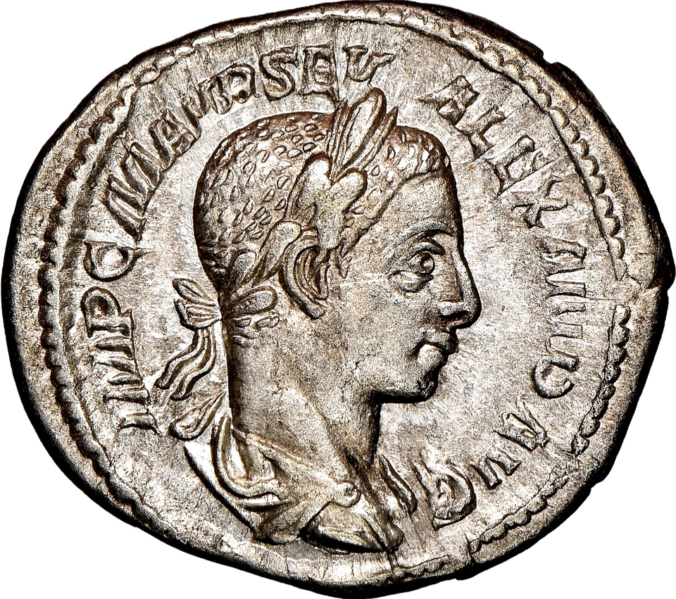 Moneda de plata antigua romana Severo Alejandro 222-235 dC Denario NGC AU Foto 3 de 4