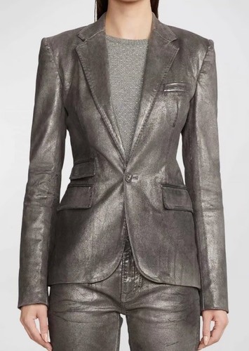 Ralph Lauren Purple Label Parker Denim Chrome Foil Blazer Jacket Size 10 $2230 - Picture 2 of 11
