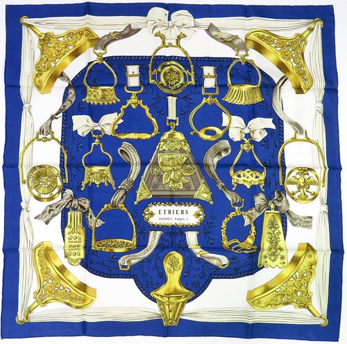Authentic HERMES "ETRIERS" Blue 100% Silk Scarf #62287