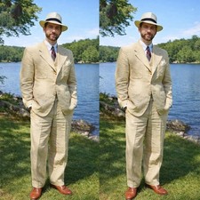 Beige Linen Men Suit British Wedding Tuxedo Summer Beach Outdoor Casual 3Pieces