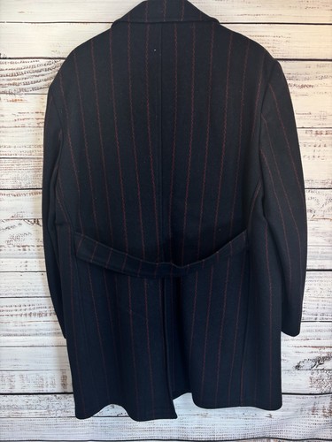 Vintage 1970s McGregor Overcoat Navy Red Pinstripe Wide Collar Heavy Faux Fur - Picture 16 of 16