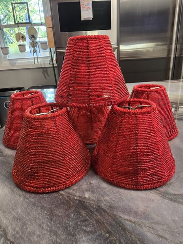Vintage red crimson Beaded Shades set of 6 chandelier Heavy Clip On Lamp 4"