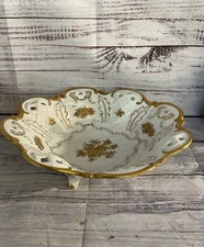 Reichenbach Pierced Lattice Gold Flowers Porcelain Footed Centerpiece Bowl White