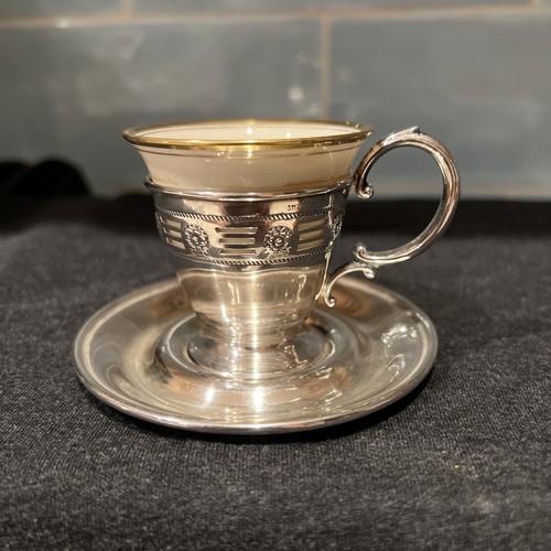 “Webster”  Sterling Silver Liner & Saucer w/ German Porcelain Demitasse Cup - Picture 1 of 13