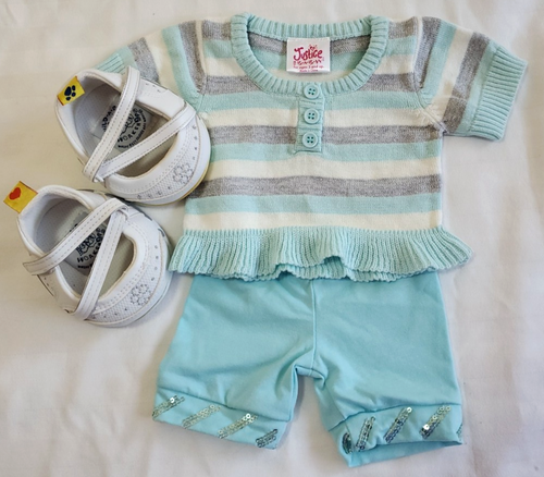 Build A Bear Justice Splitter türkis gestreifter Pullover Mädchen Outfit mit Schuhen