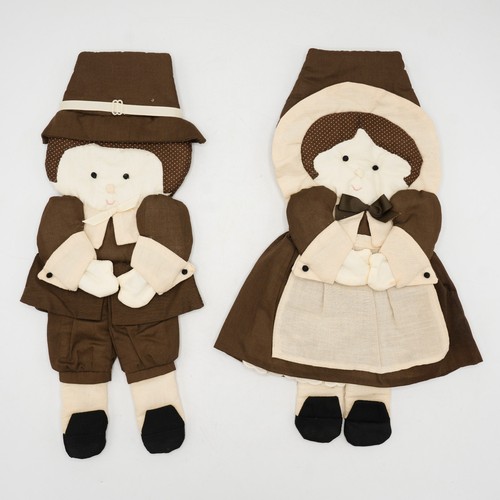 Vintage 80er Jahre fertig Patch Presse Erntedank Mädchen & Junge Pilger Stoff Tür Dekor - Bild 1 von 10