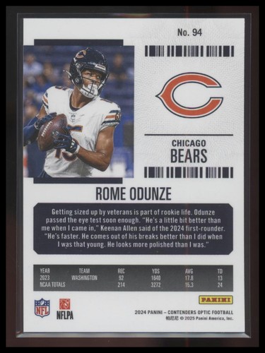 2024 Panini Contenders Optic #94 Rome Odunze - Picture 2 of 2