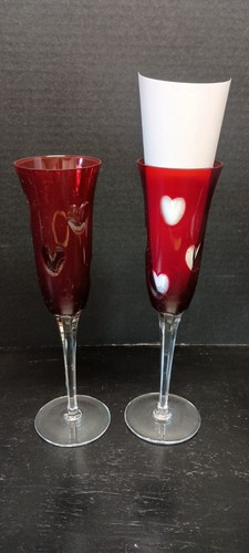AJKA CRYSTAL Húngaro Corazones Cortados a Transparente Rojo Champán Flautas Par 2 Tallos - Imagen 5 de 5