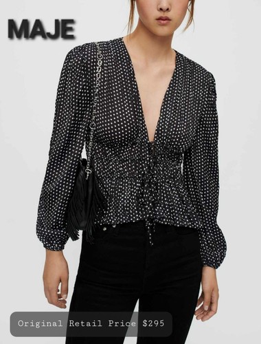 MAJE Lianito Polka Dot Ruched Blouse Top Size 1 (AU 8/US 4) Black & White - Picture 7 of 23