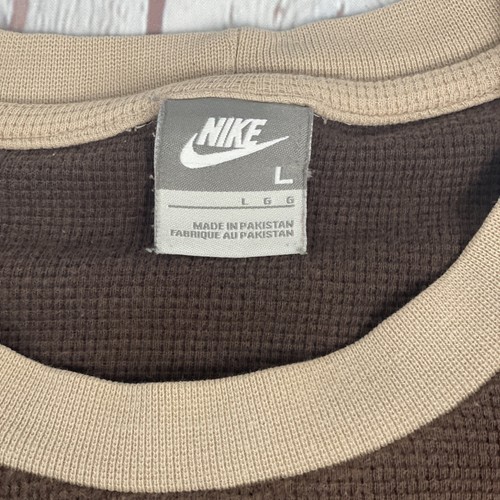 Vtg Nike Men Lg Thermal Long Sleeve Shirt Brown Cream Embroidered Logo Gray Tag - Picture 4 of 14
