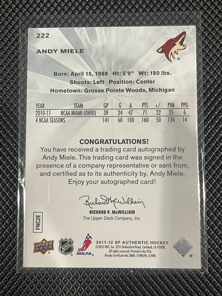Andy Miele - 2011/12 UD SP Authentic Future Watch Auto #222 /999 - Coyotes - Image 2 of 2