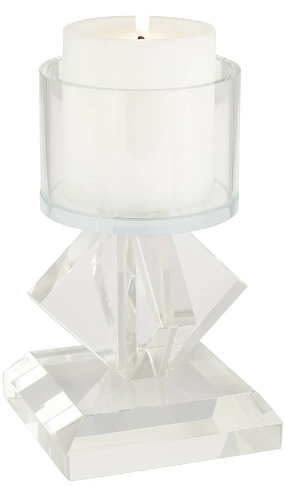 7 1/2" High Diamond Stack Shiny Clear Glass Pillar Candle Holder - Image 2 of 4