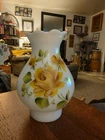 Vtg Hurricane Lamp Chimney Shade Hand Painted Yellow Floral White Milk Glass, 7"