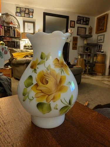 Vtg Hurricane Lamp Chimney Shade Hand Painted Yellow Floral White Milk Glass, 7"