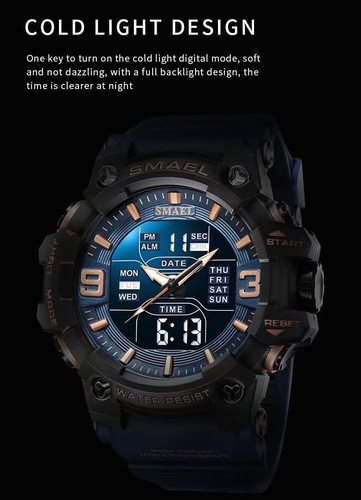 SMAEL Men's Watch LED Date Alarm Digital Analog, Shock Resistant, Blue, Superb - Picture 5 of 6