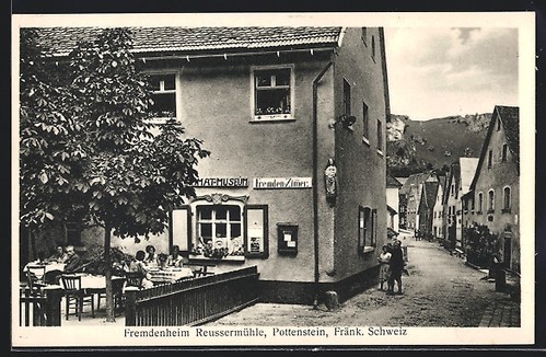 AK Pottenstein /Fränk. Schw., Hotel Fremdenheim Reussernmühle mit Gästen und St - Bild 1 von 2