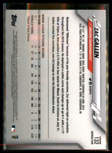 2020 Topps Chrome Pink Refractor Zac Gallen Arizona Diamondbacks RC #132  - Picture 2 of 2