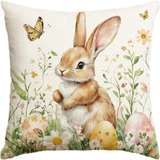 Easter Bunny Throw Pillow Cover 18x18 with Wildflowers Butterflies Design