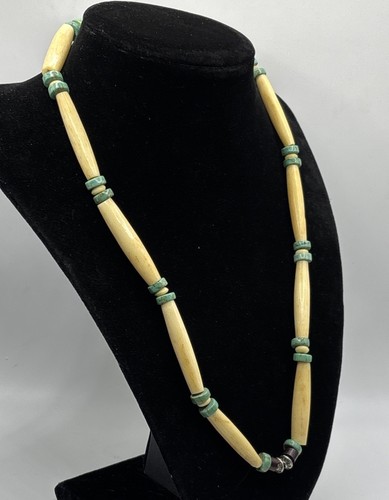 Collana vintage tribale pipa capelli osso, dischi turchesi, legno e argento sterling 20'