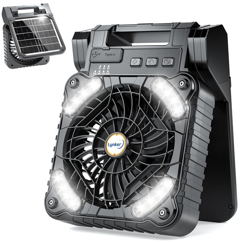 Solar Camping Fan with LED Light, 5400mAh Battery, Portable Rechargeable Outd...