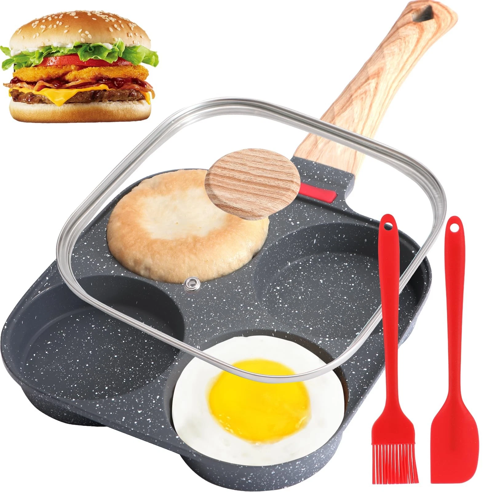 Nonstick 4Cup Egg Pan with Lid | Versatile Skillet for Breakfast & Snacks