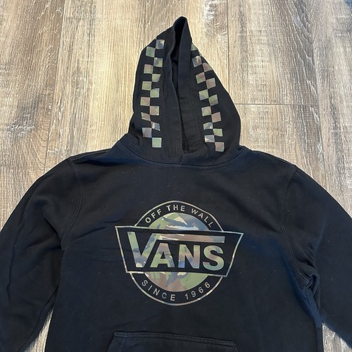 VANS Camo Hoodie Child Size L Black Pullover Sweatshirt Off The Wall Logo Skate - Picture 2 of 6