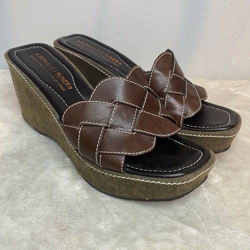 Donald J. Pliner Couture Brown Leather Wedge Slide Sandals Ht 3 3/4" US 10 - Picture 1 of 16