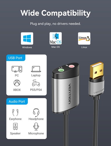 USB Audio Adapter - VENTION USB External Stereo Sound Card to 3.5mm Headphone... - Picture 5 of 7