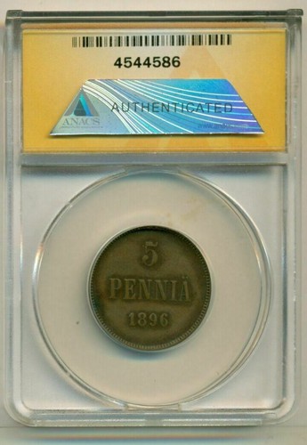 Finland (Under Russia) Nicholas II 1896 5 Pennia XF45 Details ANACS - Picture 2 of 2