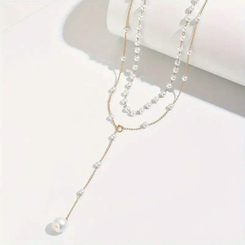 Elegant Vintage Style Double-Layer Pendant Necklace with Imitation Pearl - Picture 3 of 5