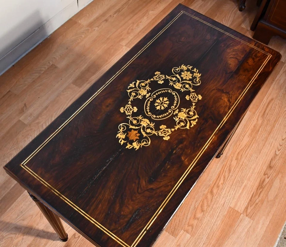 Mesa de jogo/sofá antiga inglesa jacarandá latão incrustado flip top da década de 1860 - Imagem 2 de 4